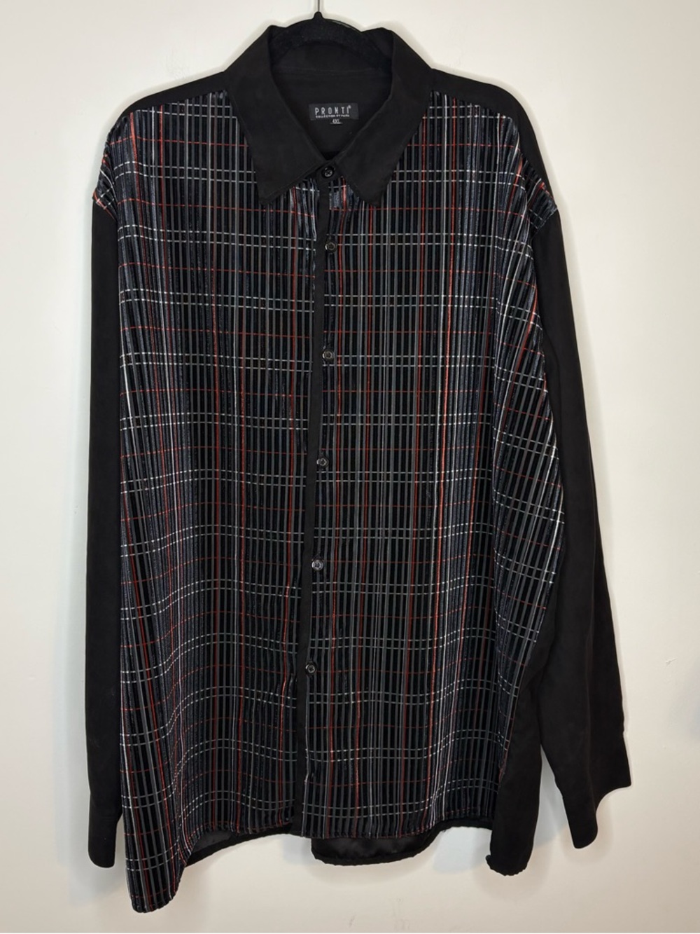 PRONTI Men’s Black & Red Textured Plaid Long Sleeve Button-Up Shirt 4XL